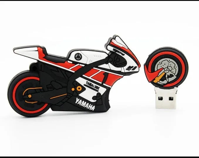 Cartoon motorcycle USB drive with red and white wristband, front view showing design and USB connector