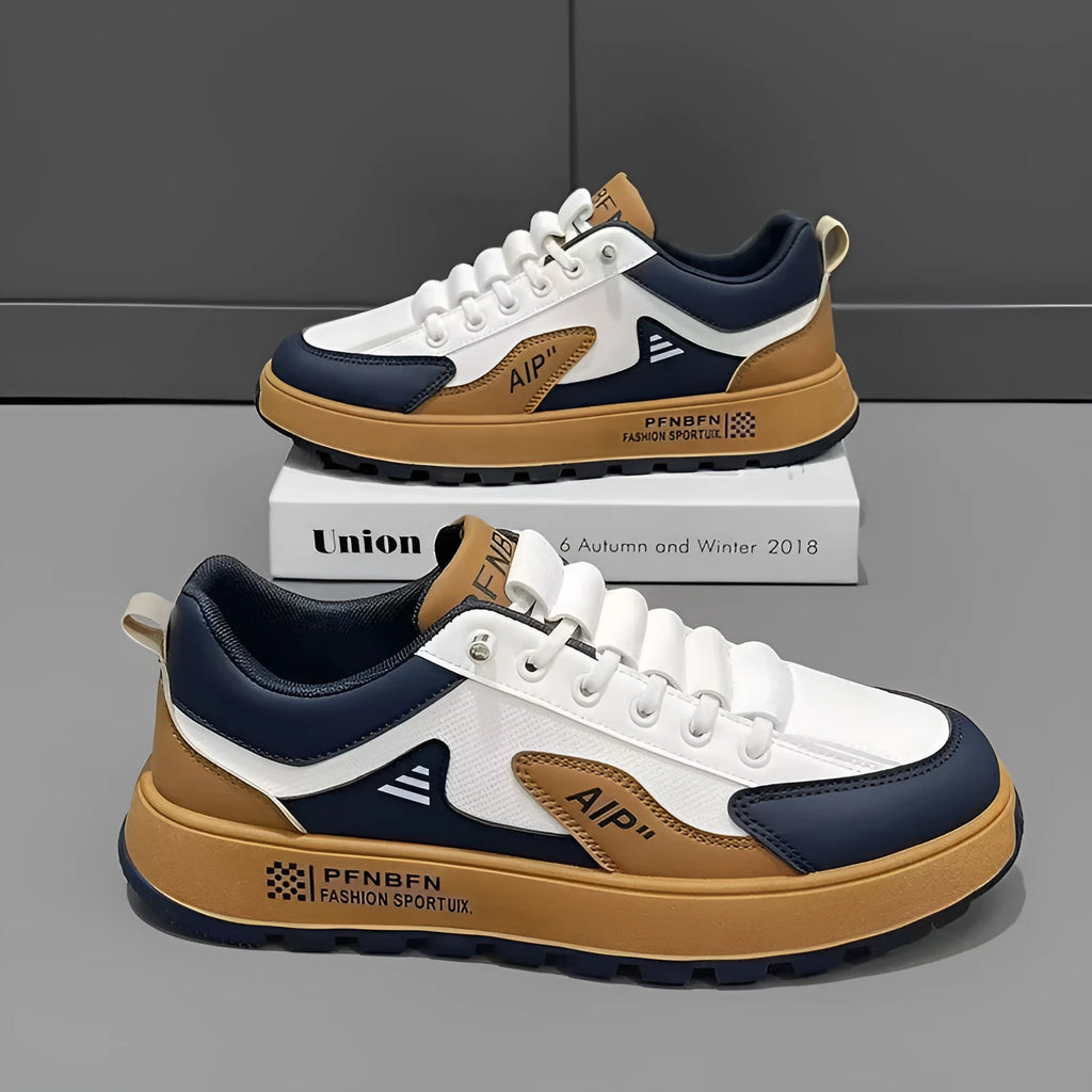 Men's round toe casual shoes in artificial PU, shown in white and orange colourway.