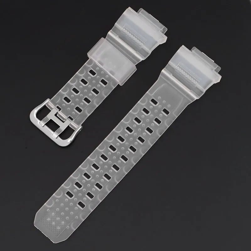 Camouflage TPU watchband with silver buckle, showing strap length and colour options