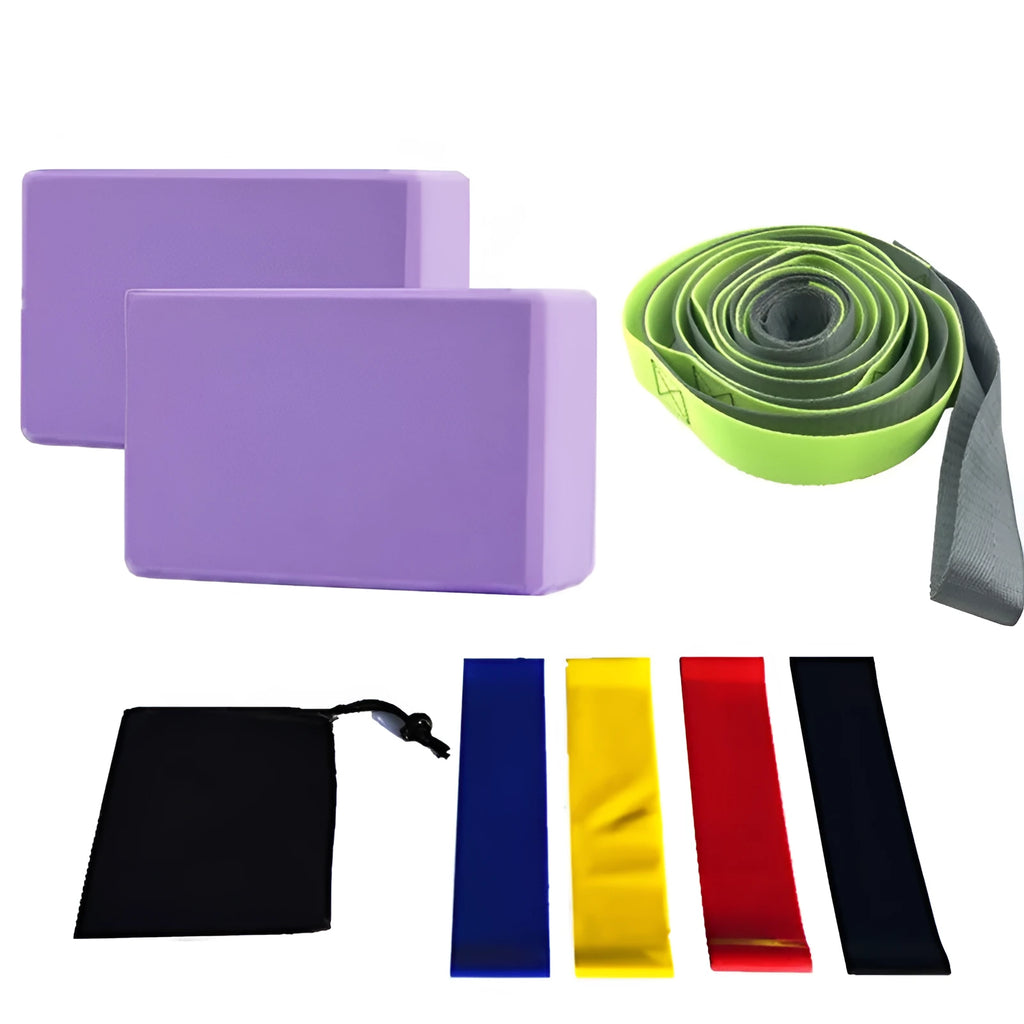 Eight-piece yoga set with yoga bricks, twelve-hole stretch band, four latex tension bands and black bag