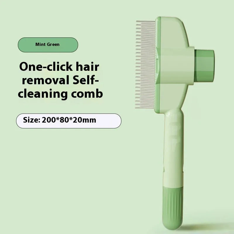 Yellow and green self-cleaning pet grooming comb with stainless steel teeth and release button