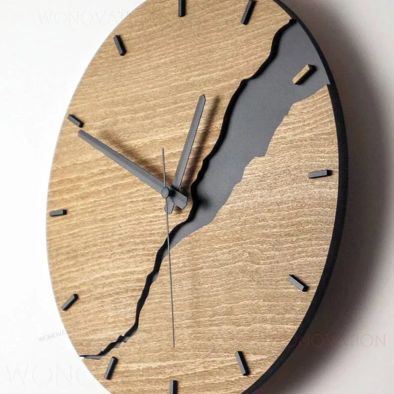 Modern round wooden wall clock with creative crack design and Arabic numerals
