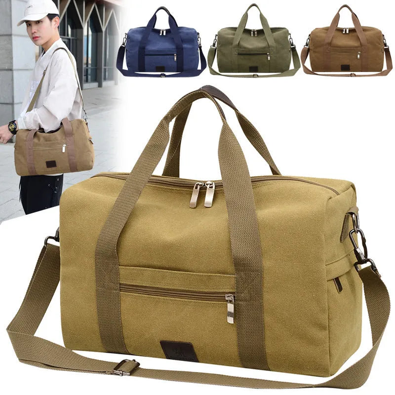 Men's canvas travel duffel bag in army green with three straps and polyester material