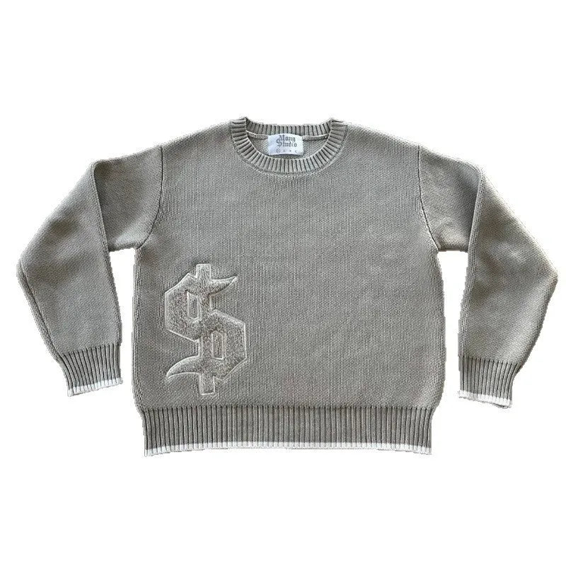 Grey loose-fit long sleeve acetate Jacquard knit pullover coat on a hanger.