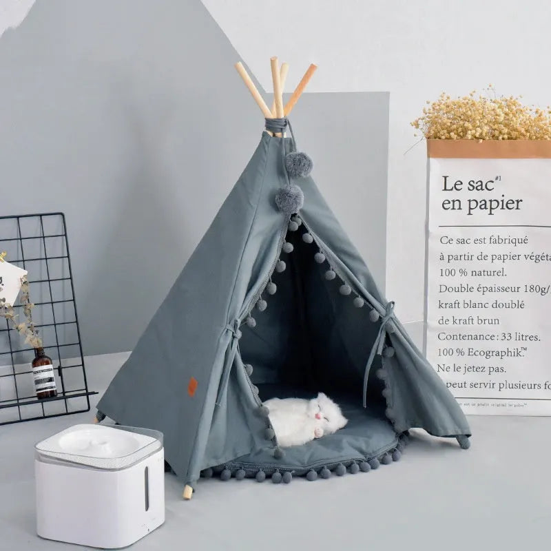 White cloth pet tent bed with pad for cats and dogs, removable and washable, medium or large size
