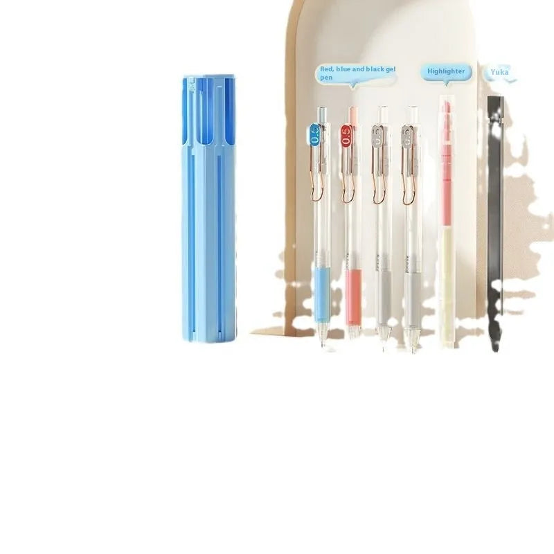 Plastic six pen pencil case kit with pressing pen storage in Sky Blue, Vigorous White, or Girl Pink colours