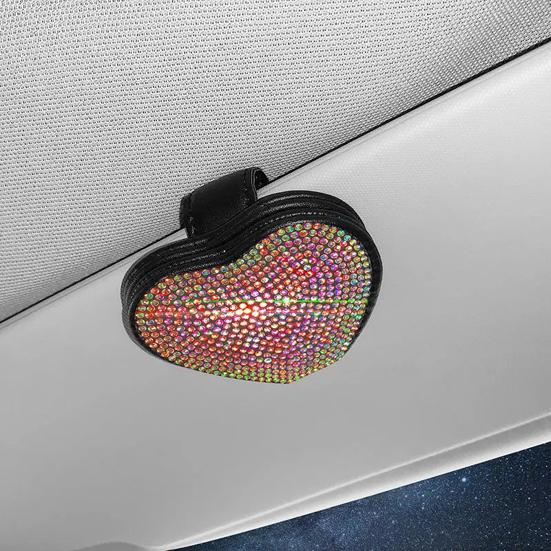 PU leather car sun visor clip with diamond pattern and magnetic closure, shown in multiple colour options.