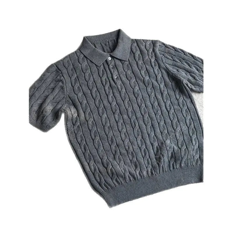 Short sleeve twisted knit summer T-shirt in light gray on a hanger