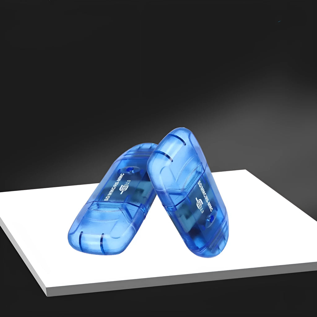 Transparent plastic USB card reader with optional LED light showing SD card slots