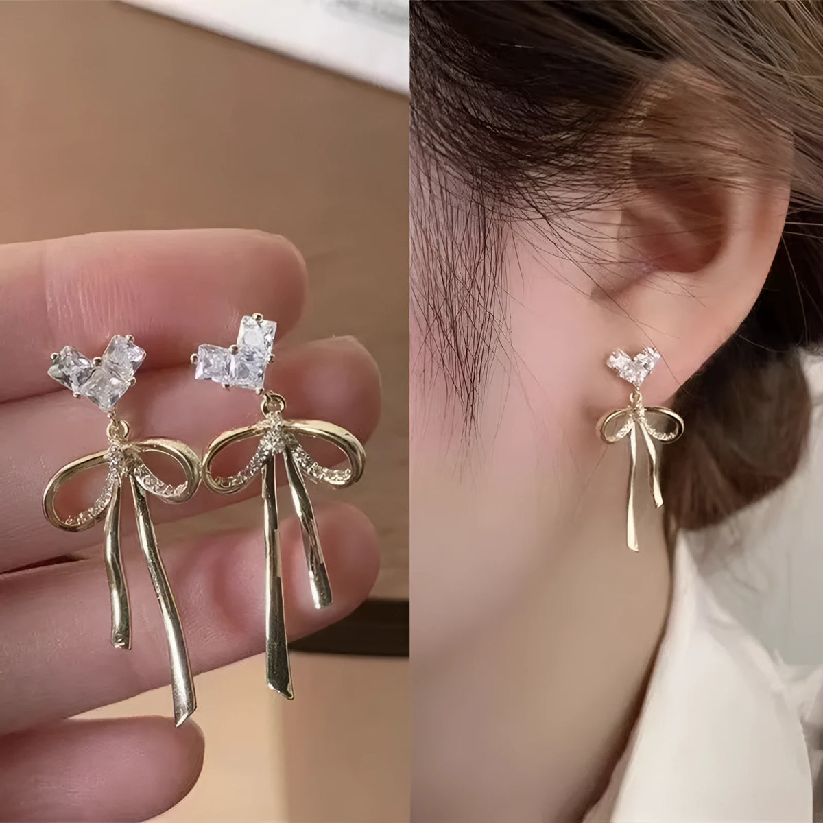 Pair of alloy bow tie ear studs with love heart zircon centre on light background