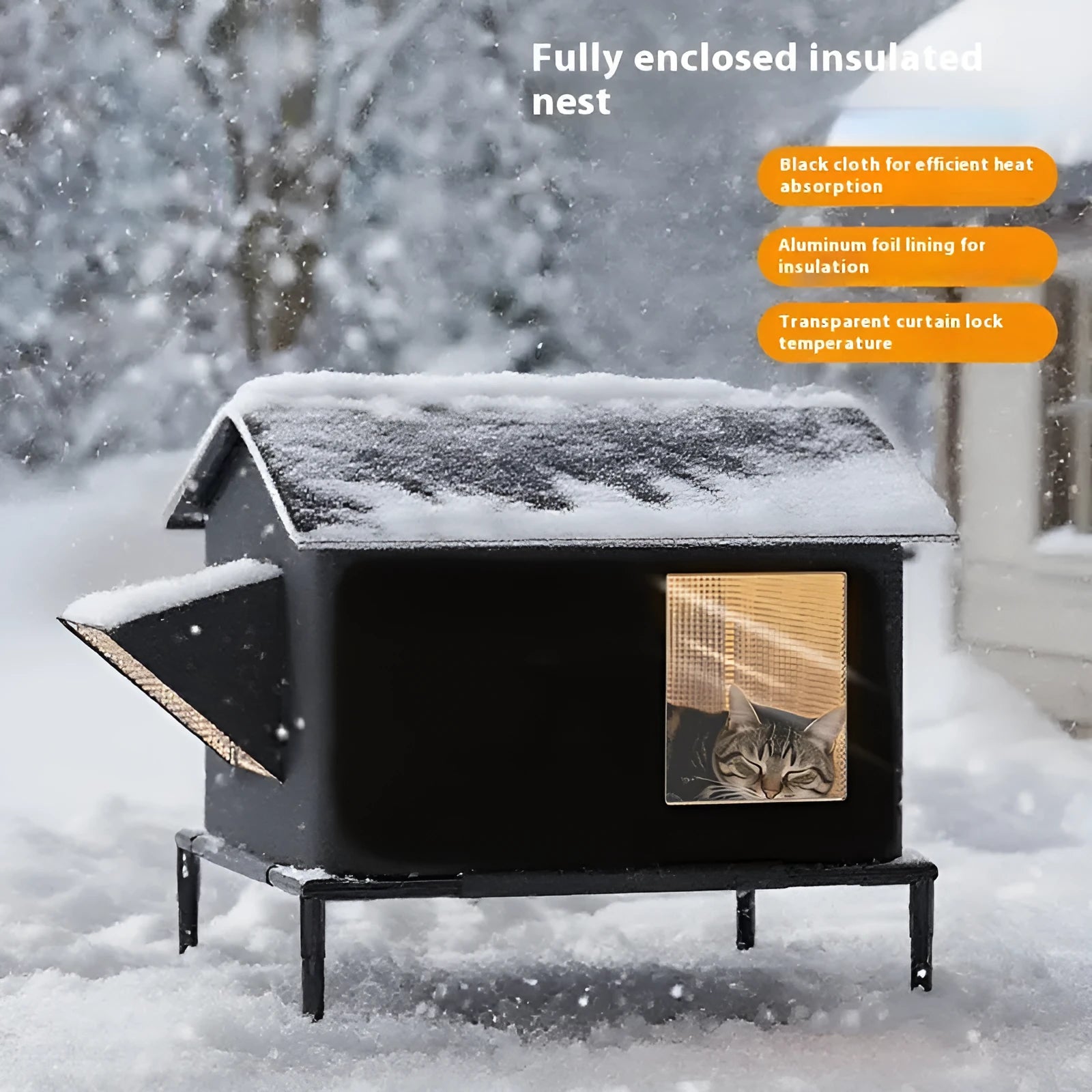 Black Oxford cloth outdoor warm pet bed for cats with lock temperature design
