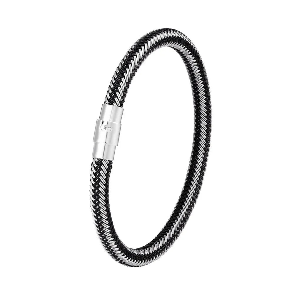 Men's titanium steel geometric wire bracelet with a magnetic clasp shown in multiple colours.