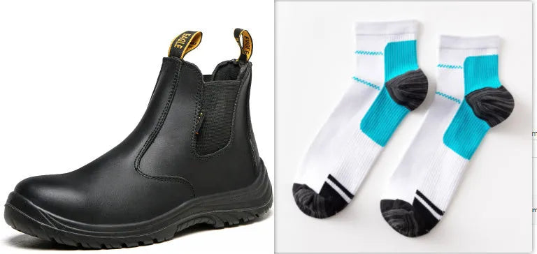 Black leather high-top safety work boots with anti-piercing sole protection.