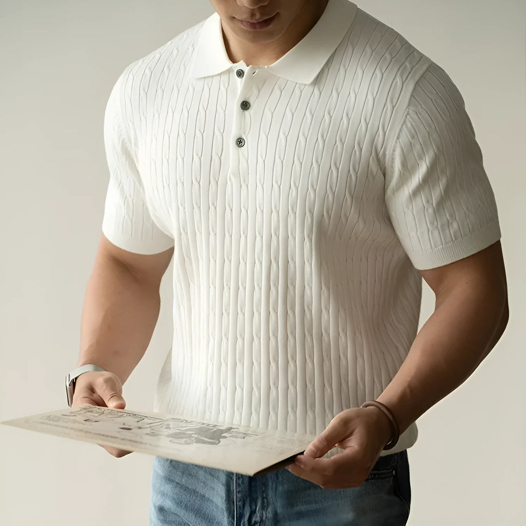 Men's khaki short sleeve business casual top on a hanger