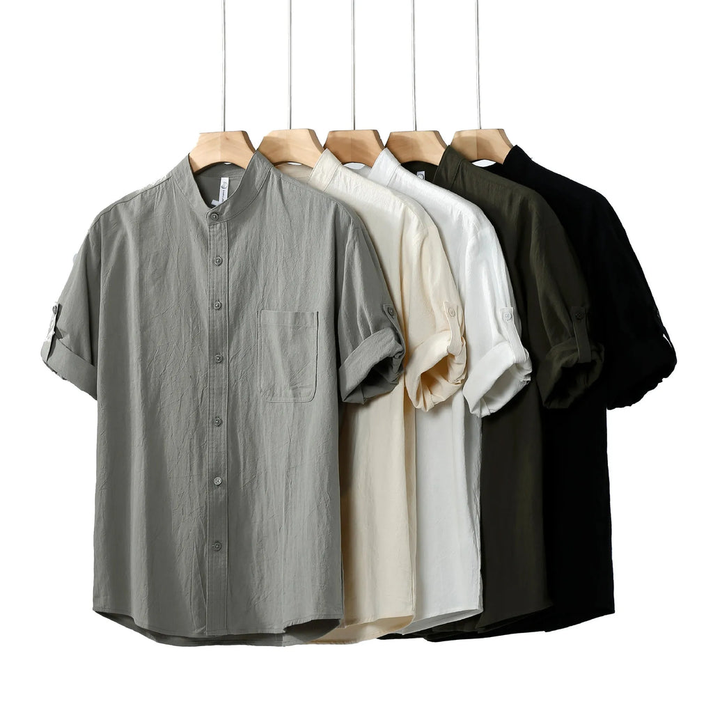 Men's loose short sleeve linen shirt in cotton blend with stand collar.