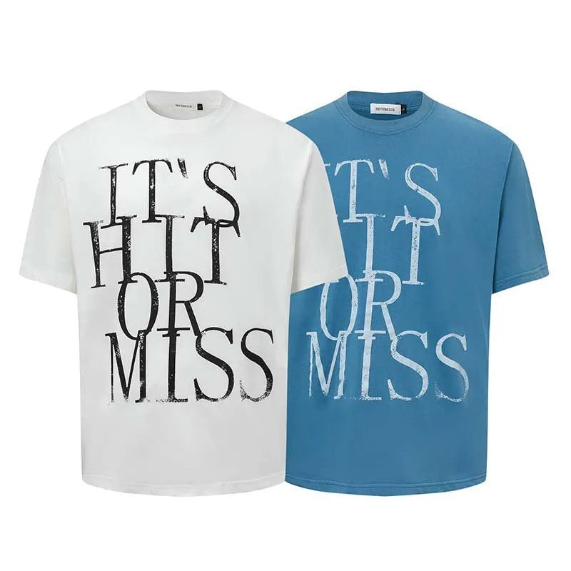 Men's blue t-shirt with white letter printing, loose fit round neck design