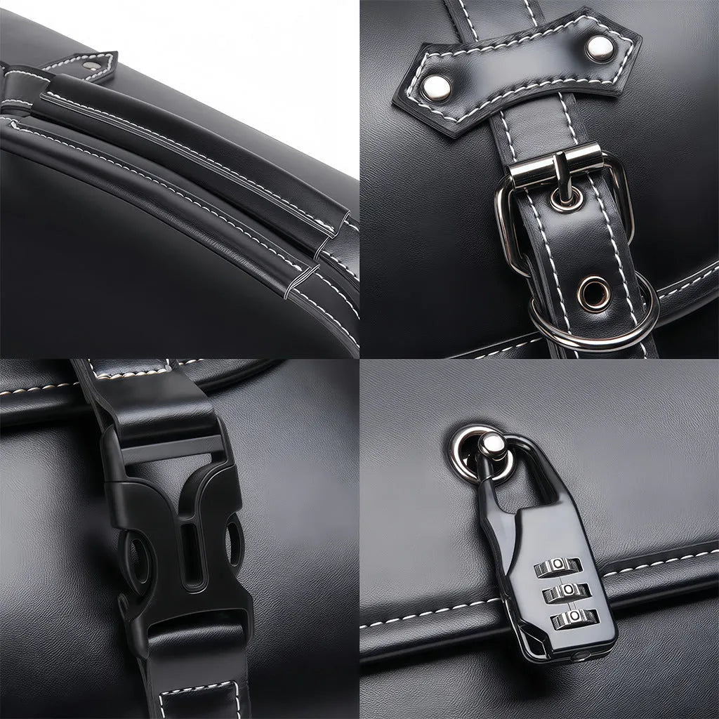 Dark punk motorcycle side bag with tail coded lock on cruiser motorcycle