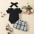Babies' short-sleeved blouse skirt suit in black with plaid pattern, including romper, skirt and hairband