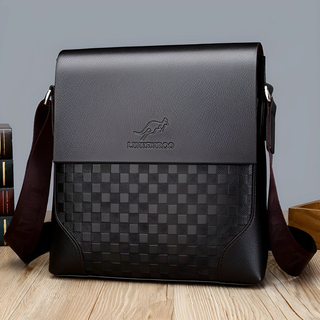 Men's cross-body chessboard vintage PU leather bag in black or dark brown with single strap and zip compartments.