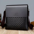 Men's cross-body chessboard vintage PU leather bag in black or dark brown with single strap and zip compartments.