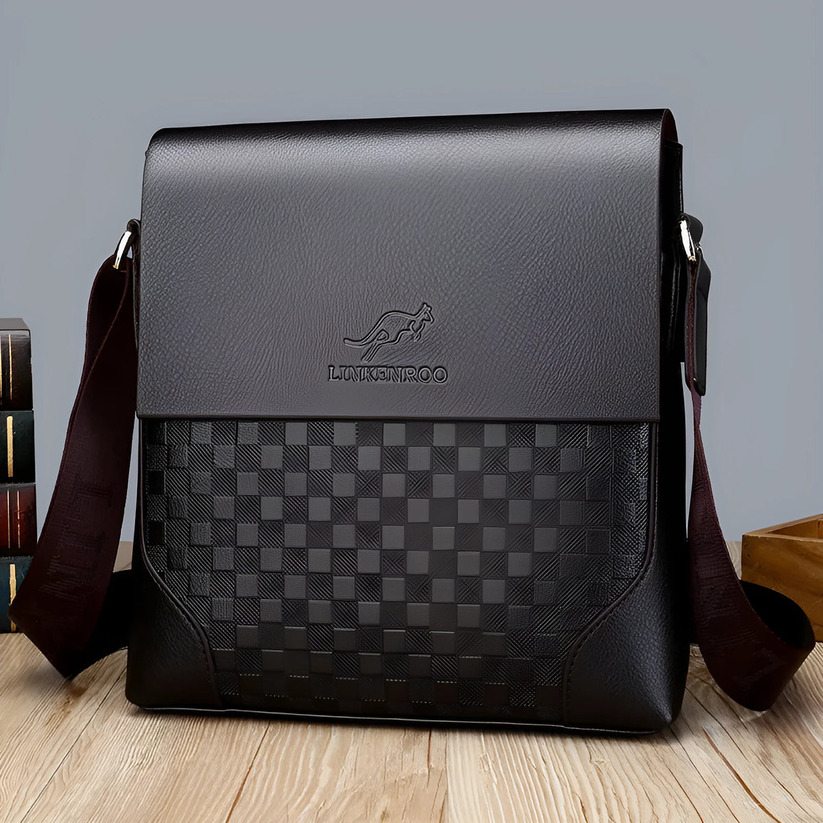 Men's cross-body chessboard vintage PU leather bag in black or dark brown with single strap and zip compartments.