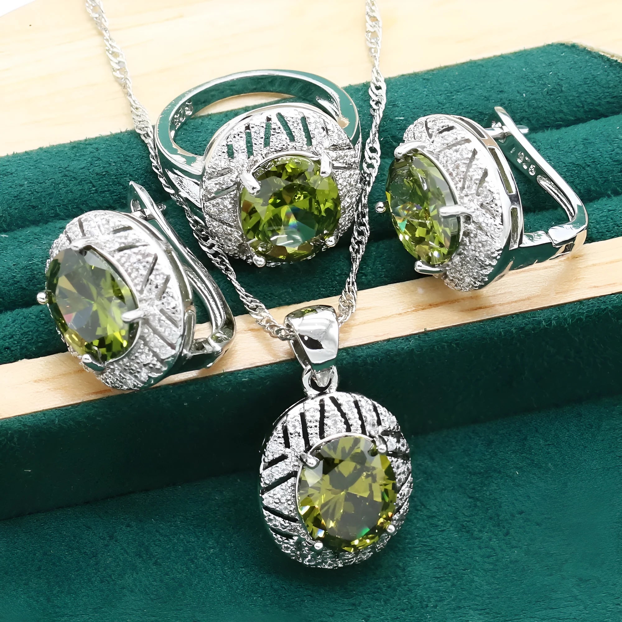 Anti-allergy zircon necklace earring ring set in olive green copper inlaid zircon with electroplated retro pattern