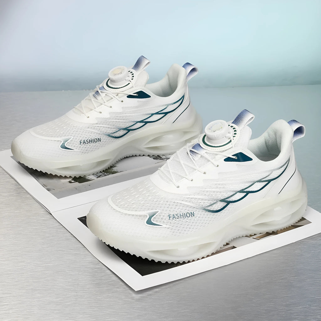 Pair of sky blue casual running shoes with mesh upper, round toe, and flat rubber sole on a white background.