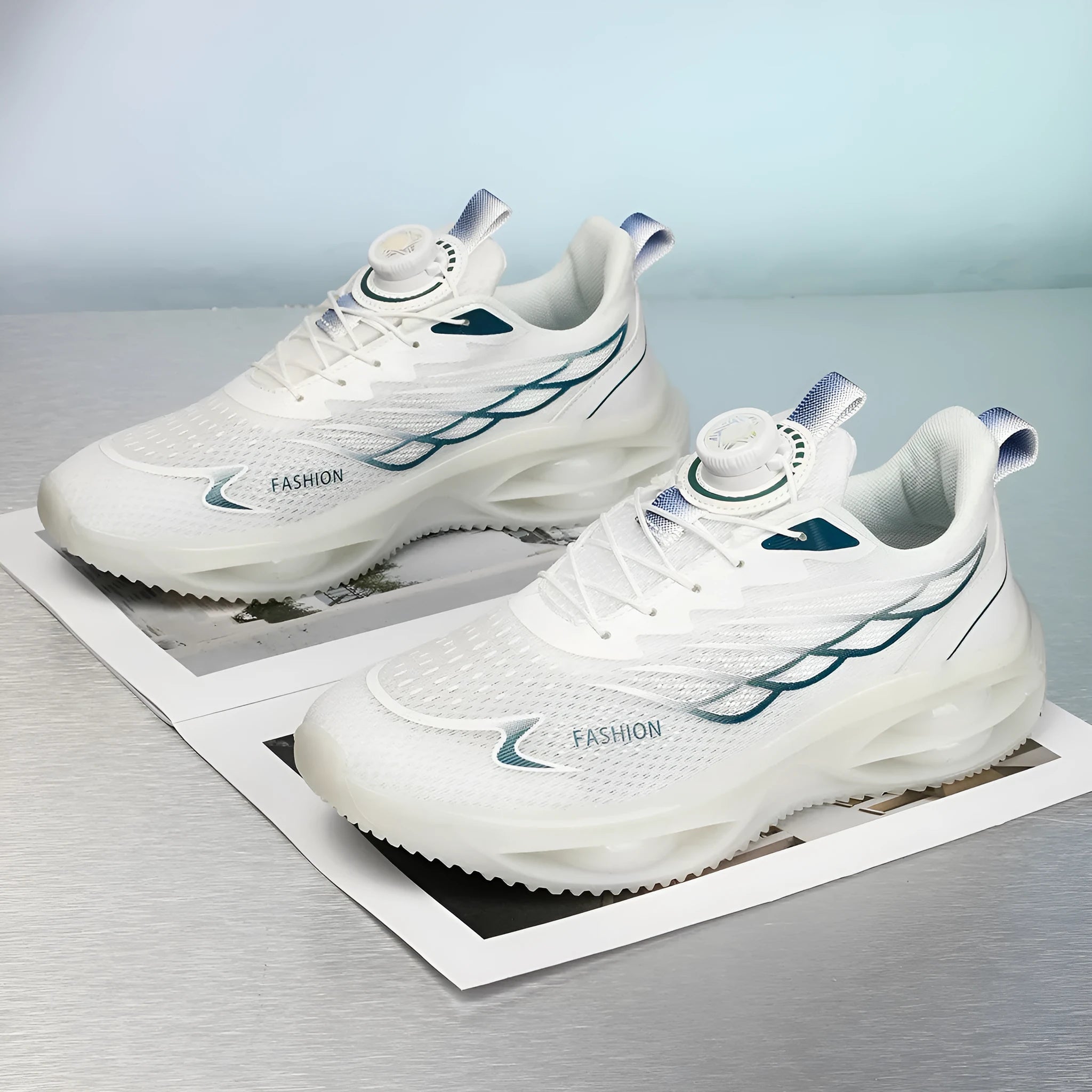 Pair of sky blue casual running shoes with mesh upper, round toe, and flat rubber sole on a white background.