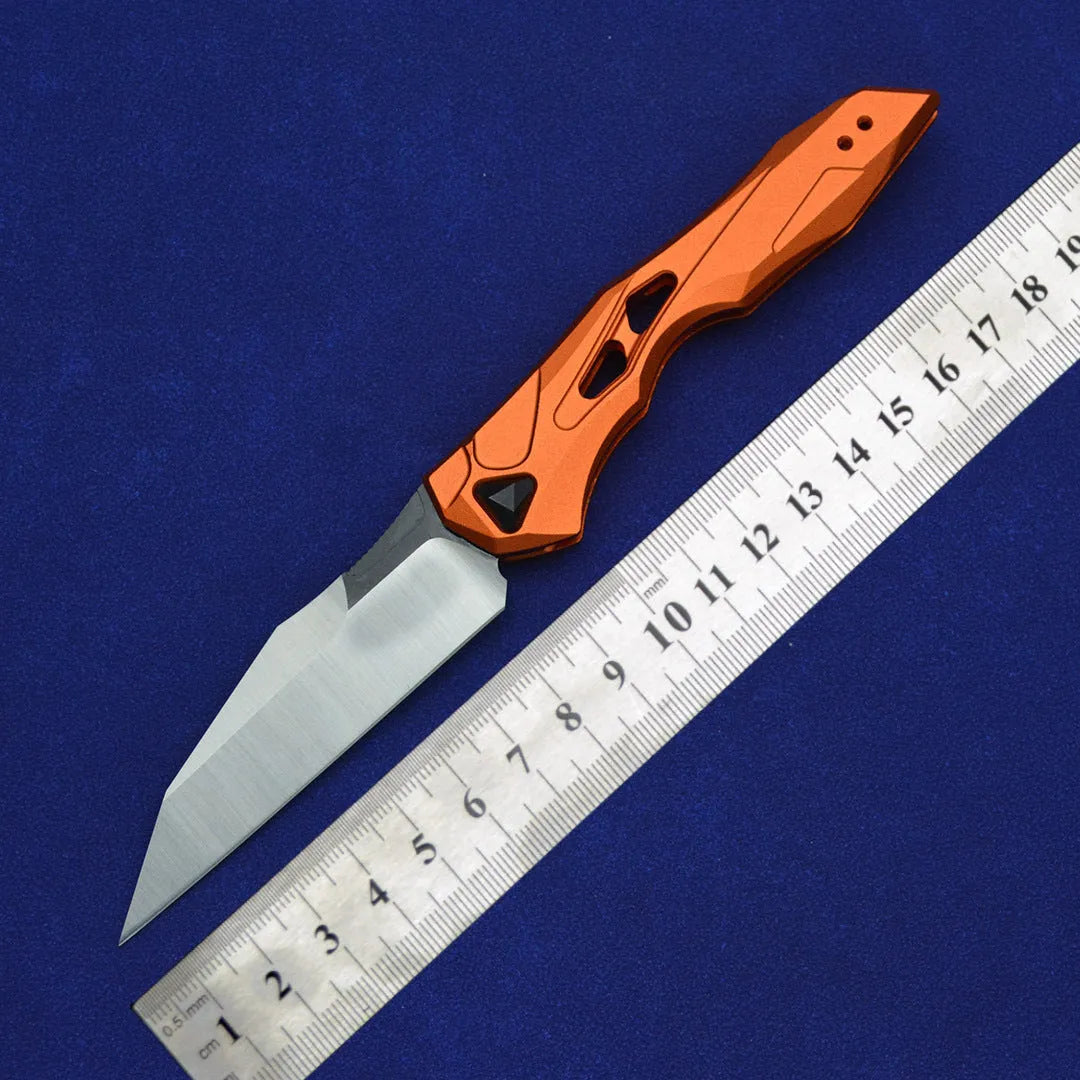 Black folding fruit knife with D2 steel blade and aluminium handle for camping and kitchen use