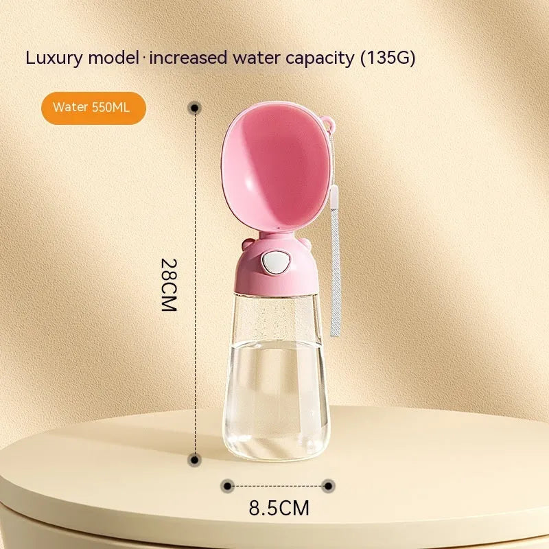 Portable dog water bottle and feeder bowl in PP plastic, shown in brown, pink, and yellow colours.