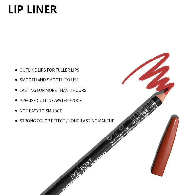 Matte lip liner pencil in a choice of fourteen colours, shown with swatches.