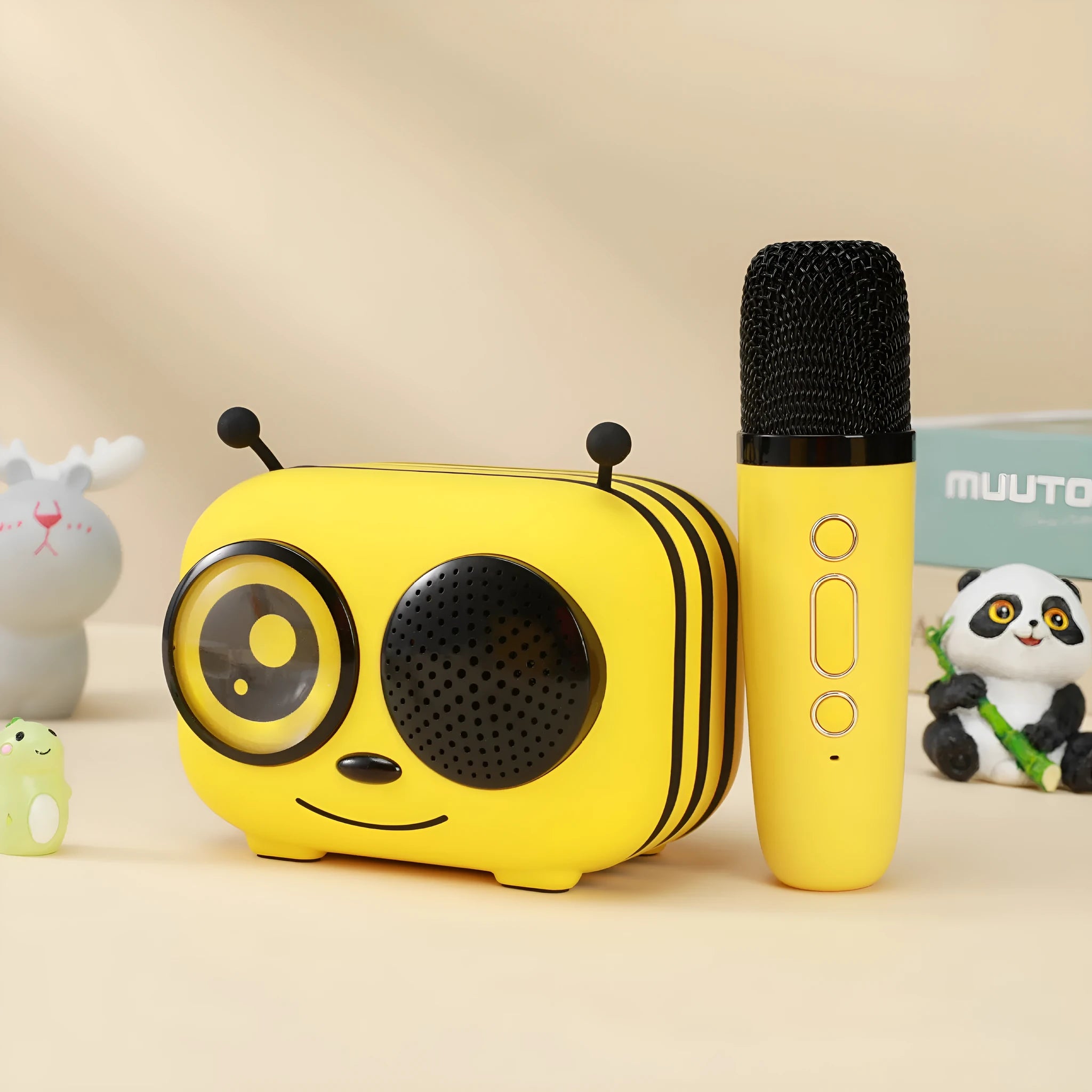 Lemon yellow karaoke integrated microphone Bluetooth speaker for household use, top-down view