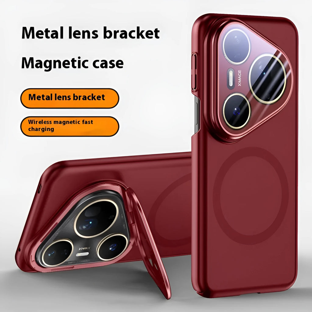 Huawei P80 magnetic lens bracket phone case in black, silver, and bright red frosted PC material
