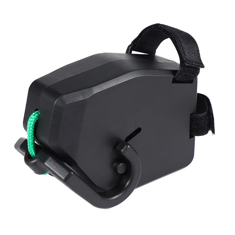 Black plastic resin bicycle trailer rope with hook-and-loop fastening for trailer security