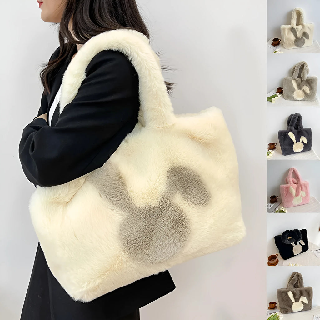 Women's plush tote bag with rabbit ears in solid colour