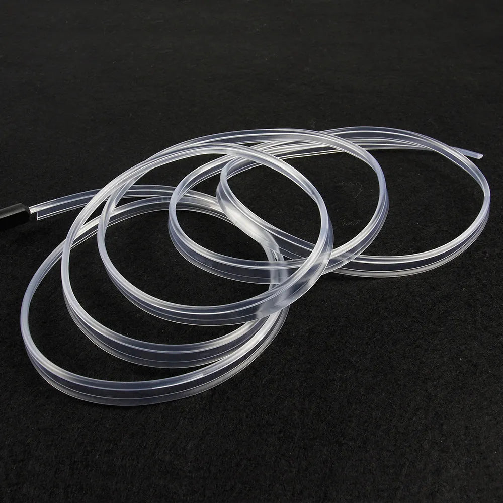 USB-powered multicolour LED car ambience light strip in flexible PVC, shown in lengths from 1 to 5 metres.