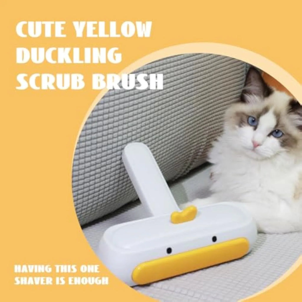 Yellow duck design portable pet hair remover with plastic body and polyester bristles.