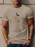 Astronaut moon print polyester short sleeve T-shirt, straight version pullover, sizes S-5XL, colours A-G