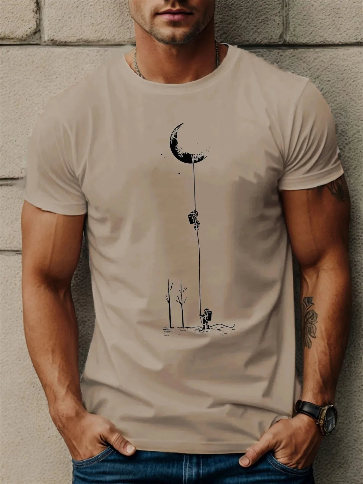 Astronaut moon print polyester short sleeve T-shirt, straight version pullover, sizes S-5XL, colours A-G