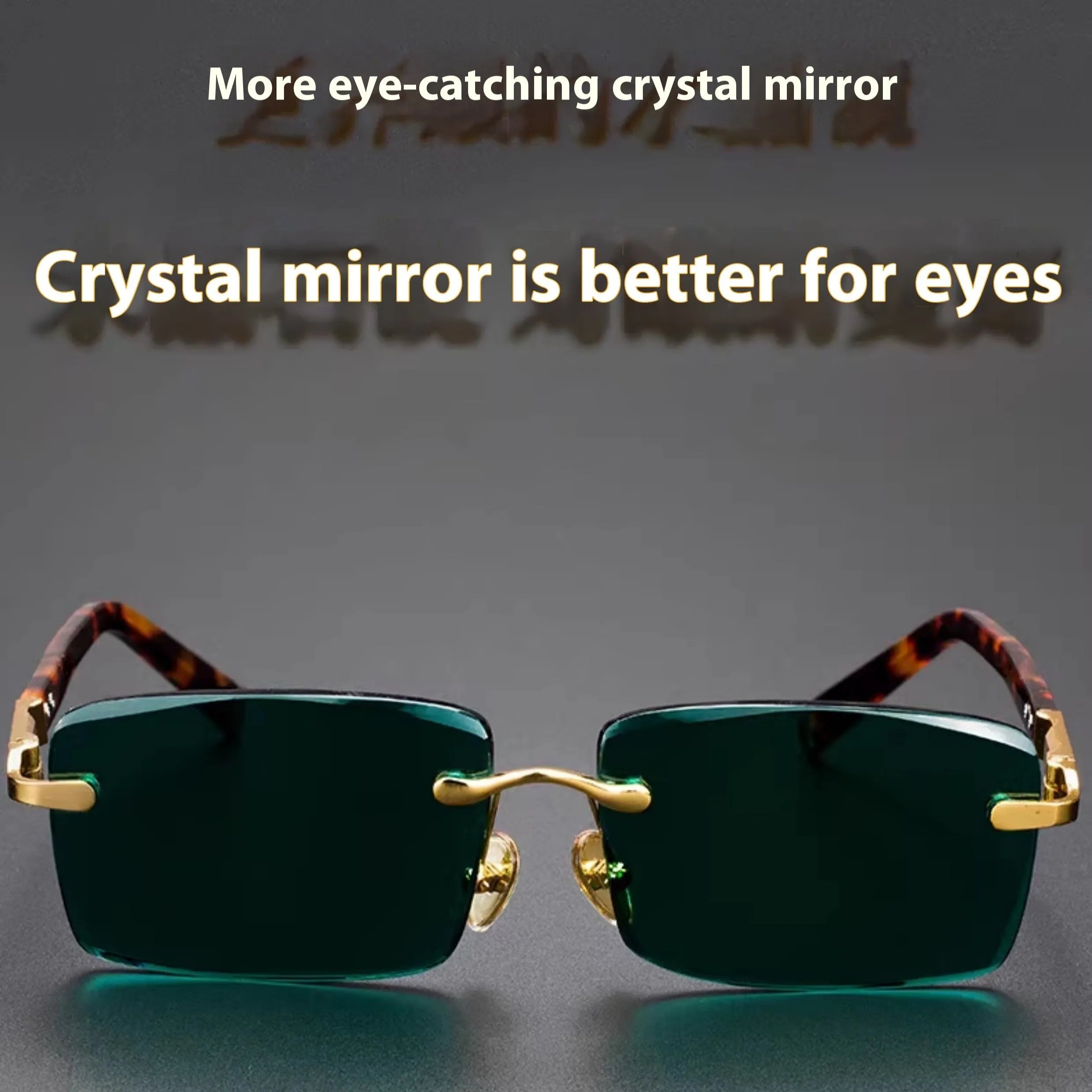 A pair of dark green frameless crystal sunglasses with a hard case and a lens cloth on a plain background.