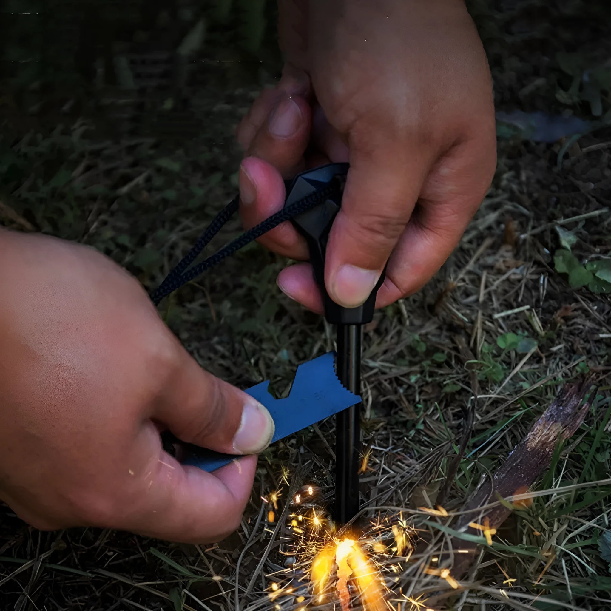 Black outdoor multifunctional flint with magnesium rod, stainless steel scraper, and survival whistle.