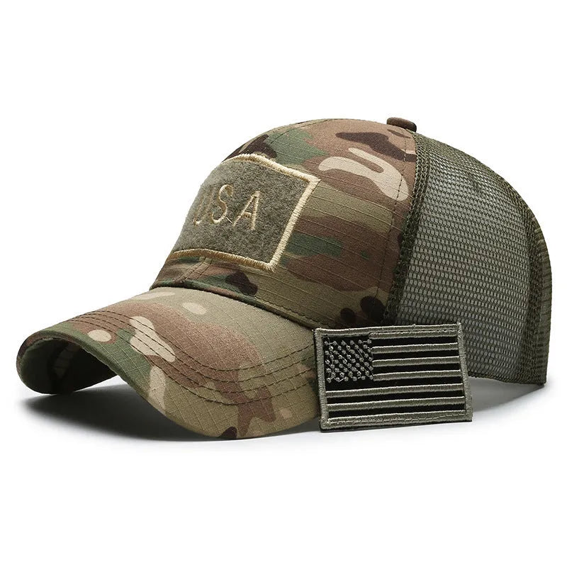 Tactical camouflage baseball cap with adjustable velcro strap and cotton dome crown