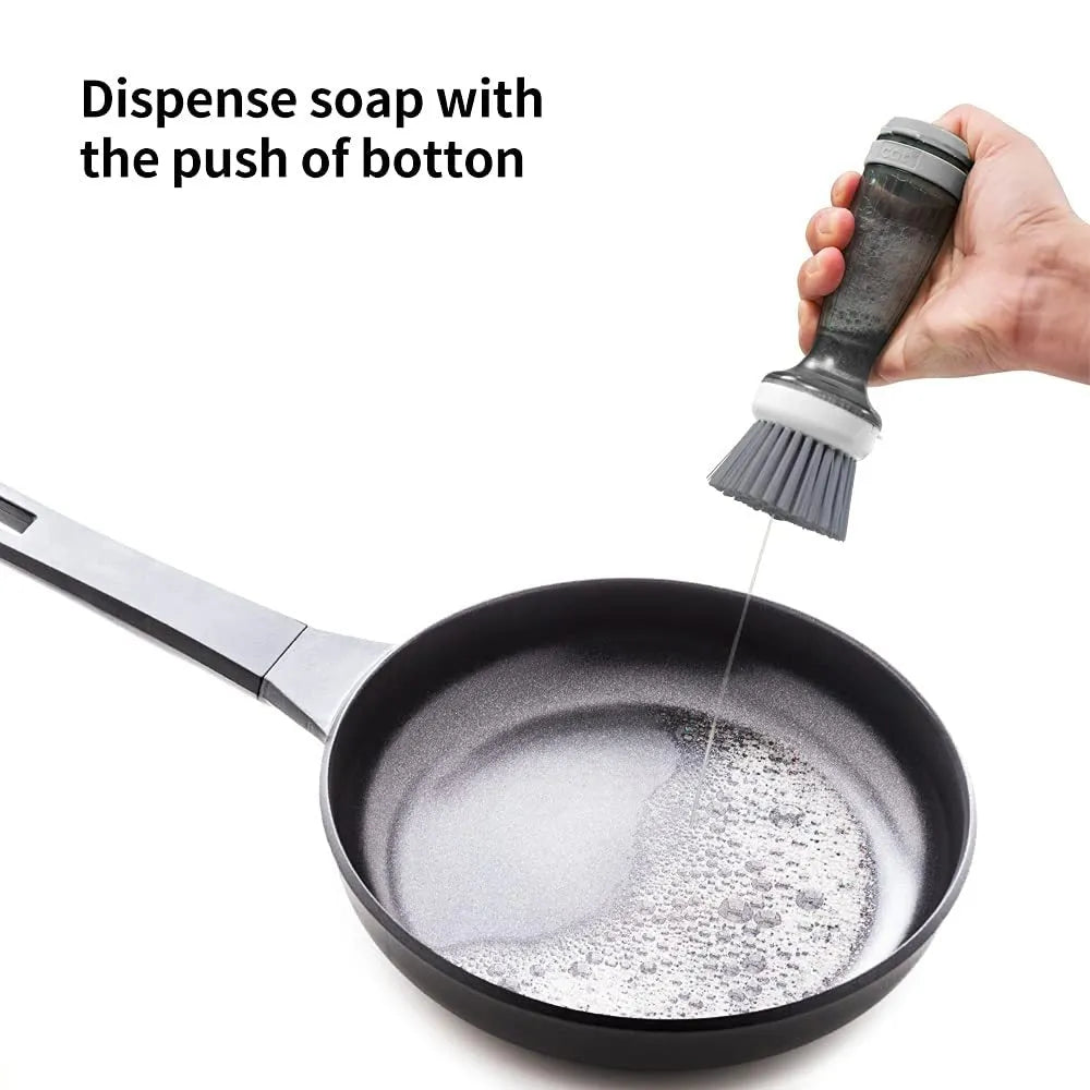 Pot and dish brush with soap dispenser, ergonomic handle, and replaceable brush head in mint green colour