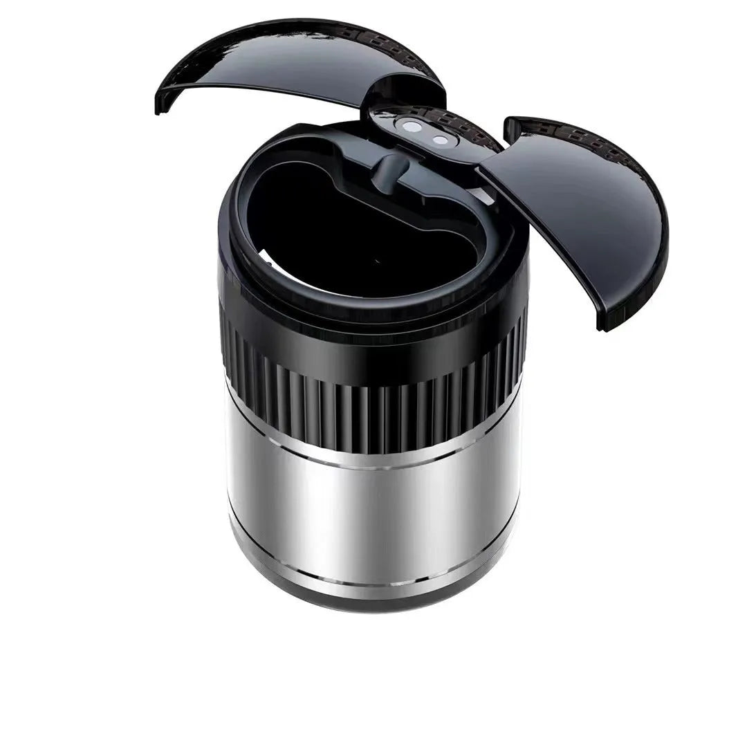 Smart infrared and touch control metal car ashtray with lid in black, measuring 113mm.