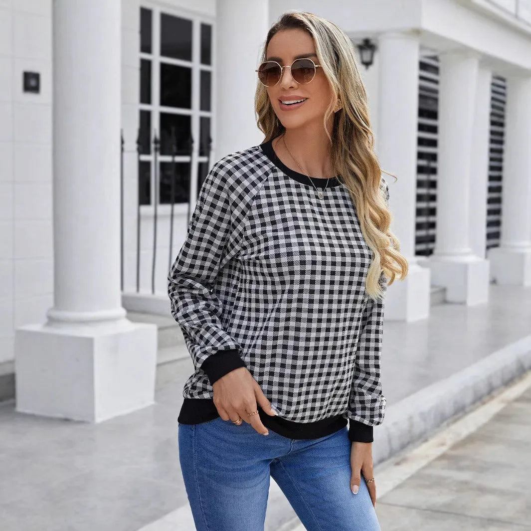 Black polyester pullover sweater with Japanese plaid printed pattern and regular long sleeves