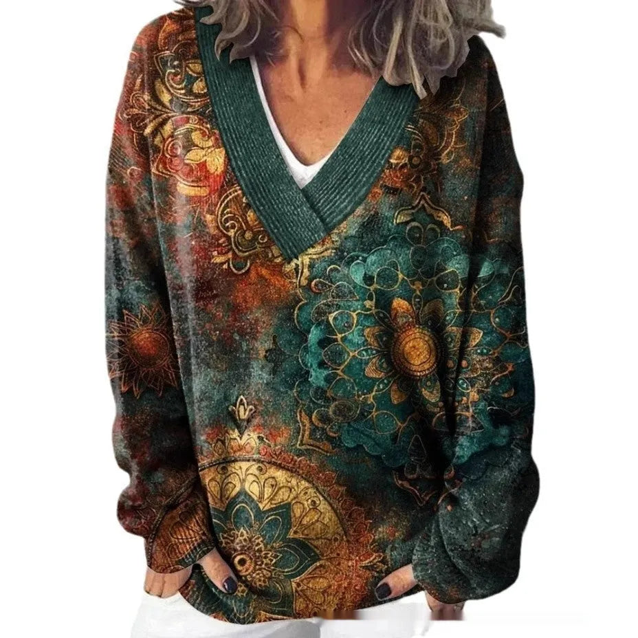 Women's V-neck long sleeve sweatshirt with a 3D floral print pattern.