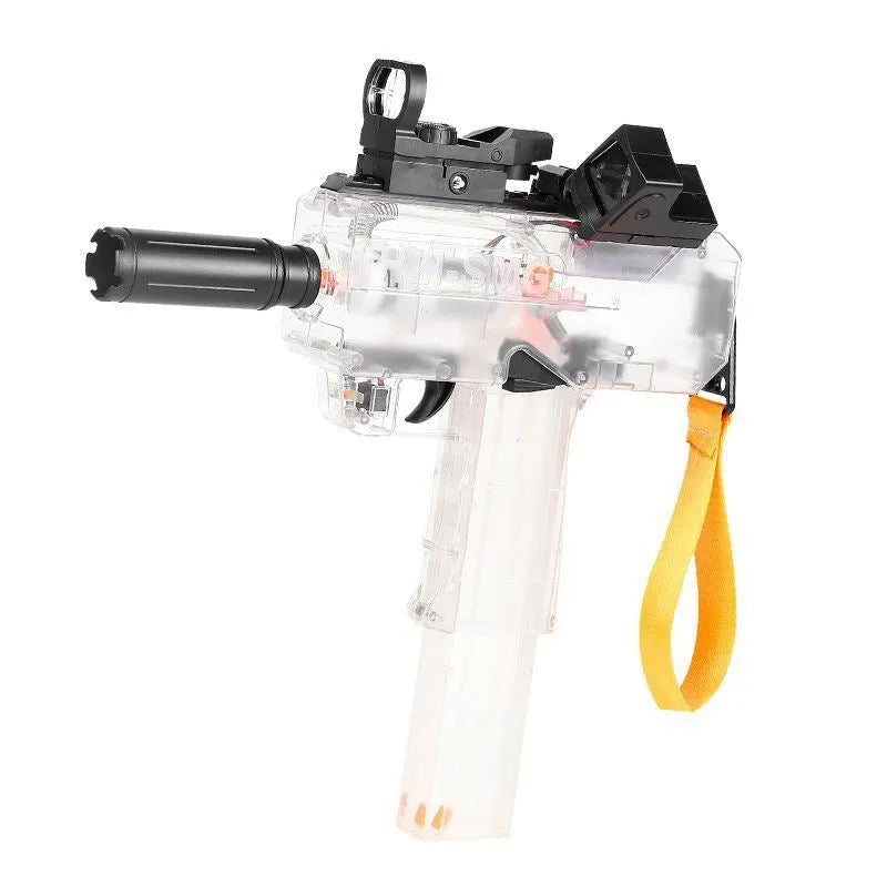 Electric water gun toy with transparent design showing internal components and water level