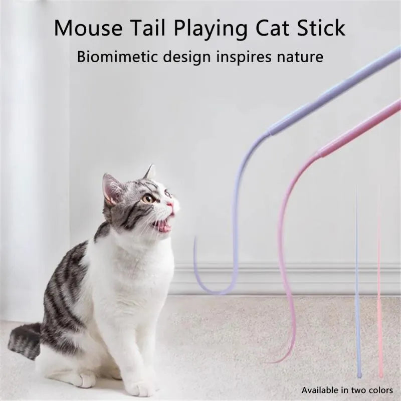 Blue cat teaser stick with silicone mouse tail extended to 80cm length beside pink version