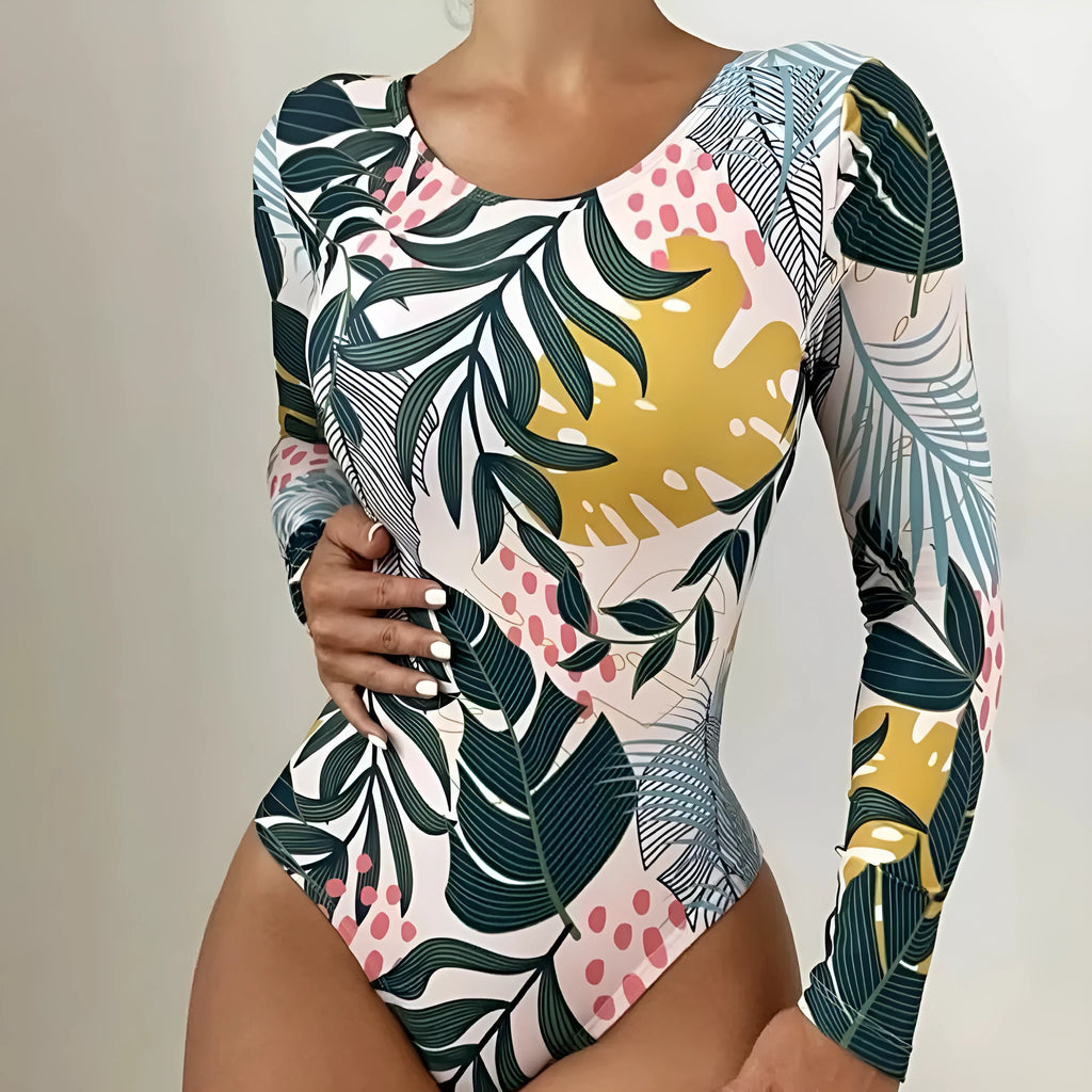 Women's floral printed backless one-piece swimsuit in polyester fabric with bikini split design