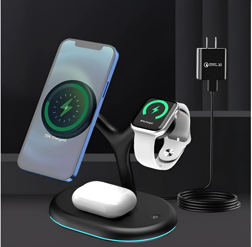 Black magnetic wireless charging stand holding phone upright with included TYPE-C cable